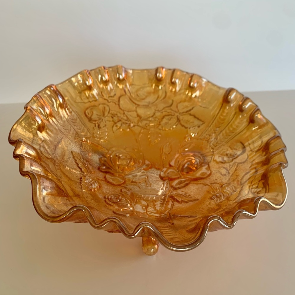 Antique Imperial Carnival Glass "Lustre Rose" Three Footed Bowl - 8.5" D…